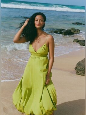 100% Cotton Anthropologie Petite V-neck Lime Green Tiered Bubble Maxi Dress M